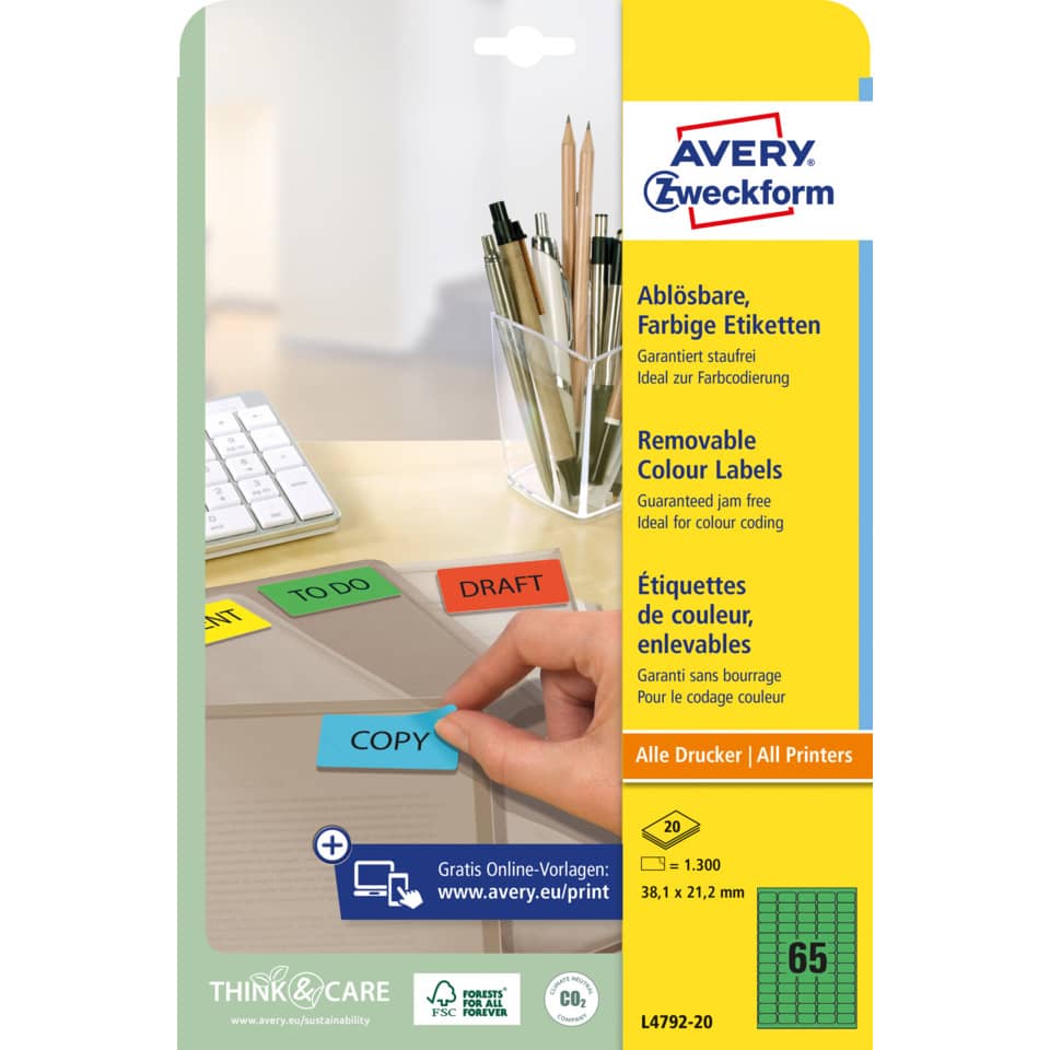Etiketten farbig ablösbar, 38x21,2mm, 1300 Stück, grün AVERY ZWECKFORM L4792-20 ZWECKFORM L4792-20  1300St