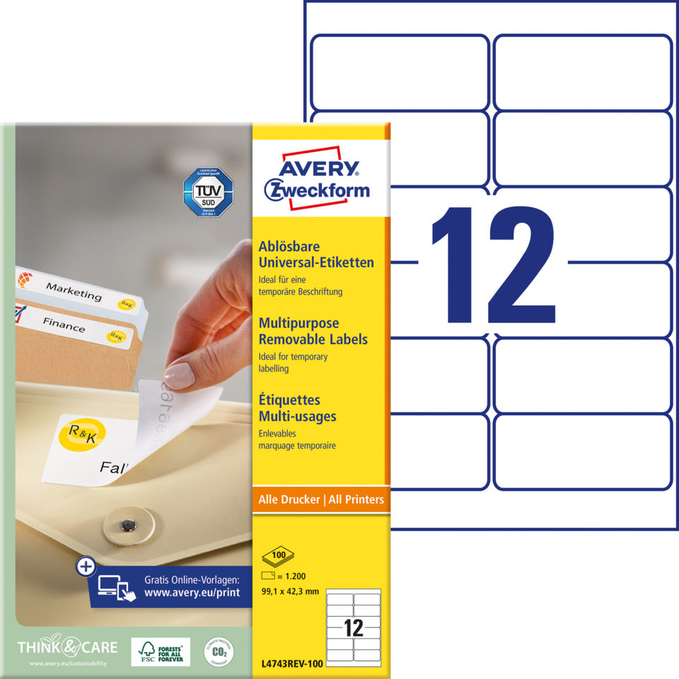 Universaletiketten ablösbar, 99,1x42,3mm, 1200 Stück, weiß AVERY ZWECKFORM L4743REV-100 ZWECKFORM L4743REV-100  1200St