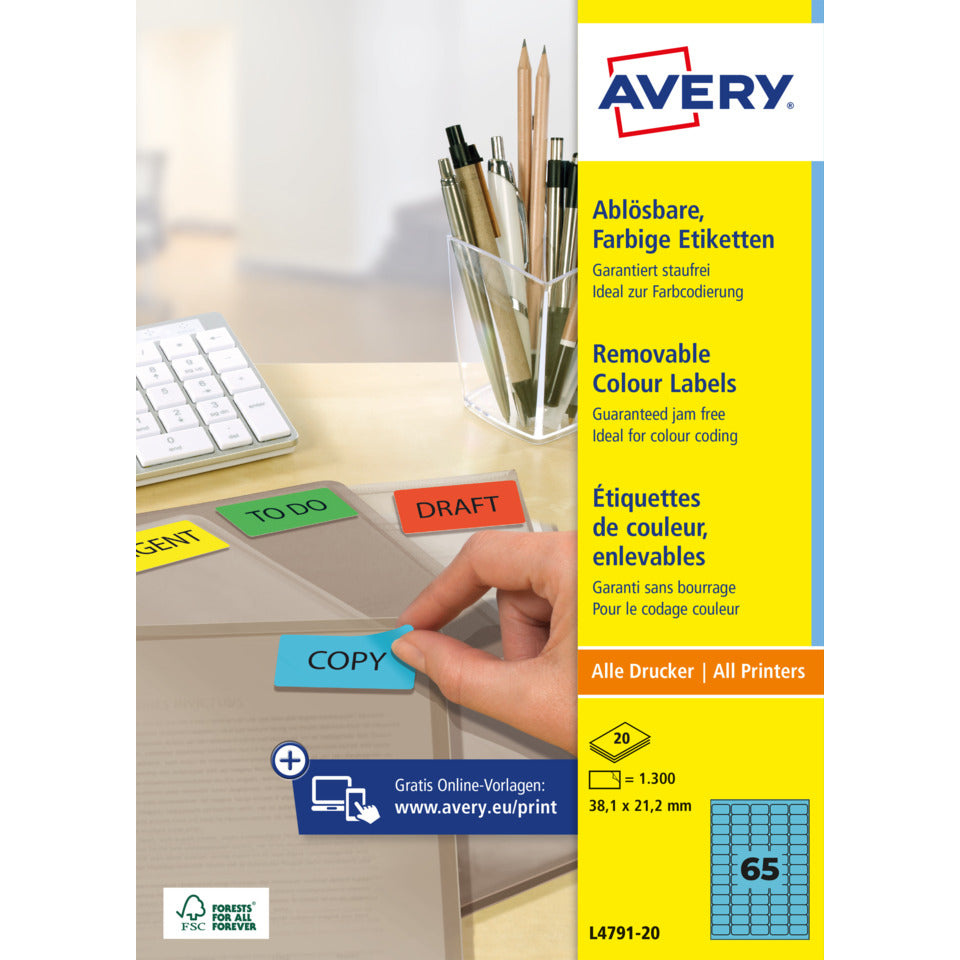 Etiketten farbig ablösbar, 38x21,2mm, 1300 Stück, blau AVERY ZWECKFORM L4791-20 ZWECKFORM L4791-20  1300St
