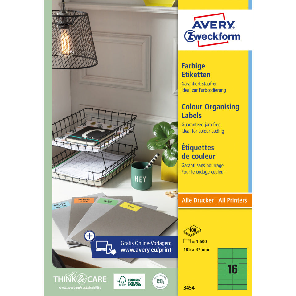 Etiketten farbig, 105x37mm, 1600 Stück, grün AVERY ZWECKFORM 3454 ZWECKFORM 3454 1600ST