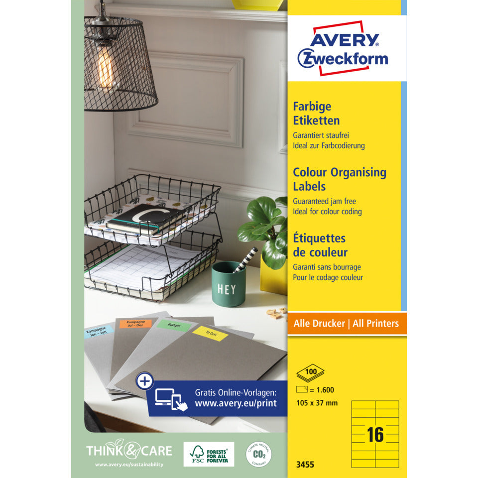 Etiketten farbig, 105x37mm, 1600 Stück, gelb AVERY ZWECKFORM 3455 ZWECKFORM 3455 1600ST