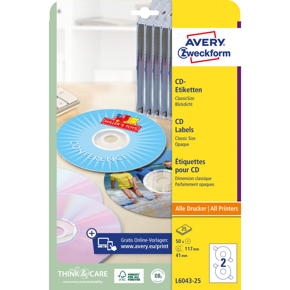 CD-Etiketten ClassicSize, Ø117mm, 50 Stück, weiß AVERY ZWECKFORM L6043-25 ZWECKFORM L6043-25 50ST
