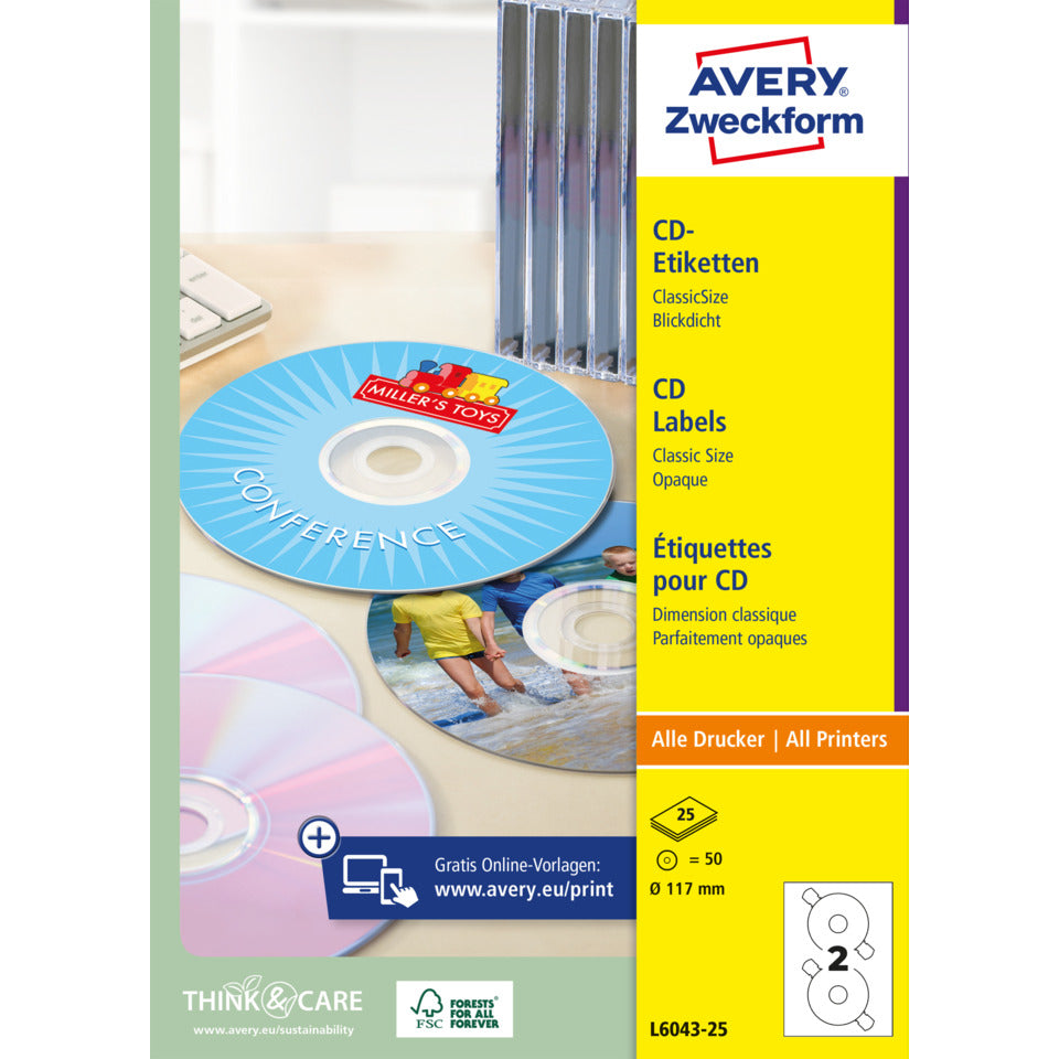 CD-Etiketten ClassicSize, Ø117mm, 50 Stück, weiß AVERY ZWECKFORM L6043-25 ZWECKFORM L6043-25 50ST
