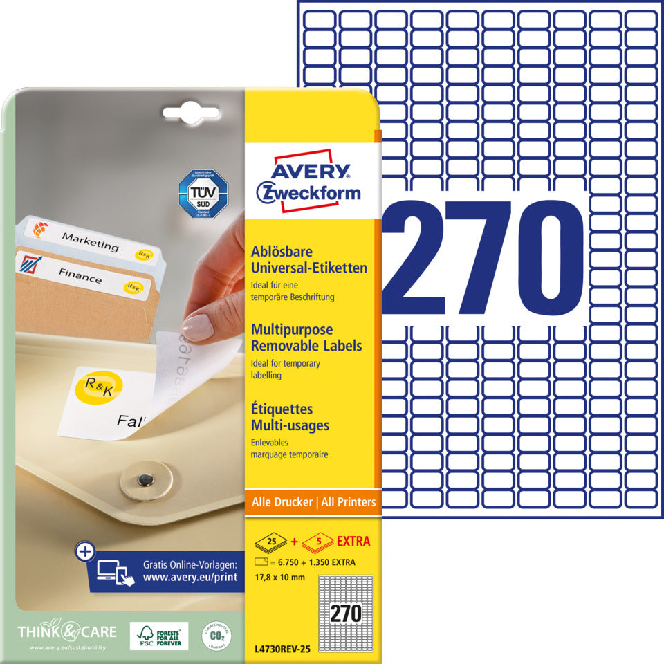 Universaletiketten ablösbar, 17,8x10mm, 8100 Stück, weiß AVERY ZWECKFORM L4730REV-25 ZWECKFORM L4730REV-25 weiß