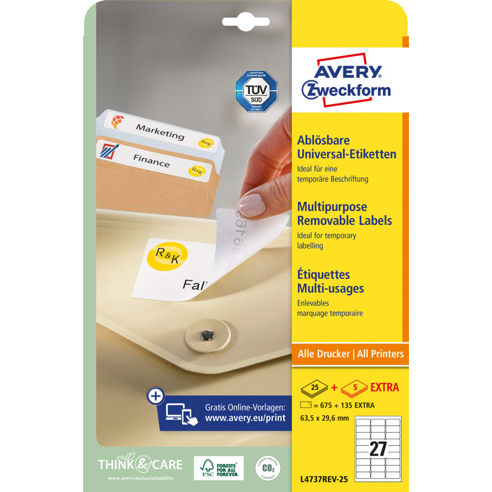 Universaletiketten ablösbar, 63,5x29,6mm, 810 Stück, weiß AVERY ZWECKFORM L4737REV-25 ZWECKFORM L4737REV-25 weiß