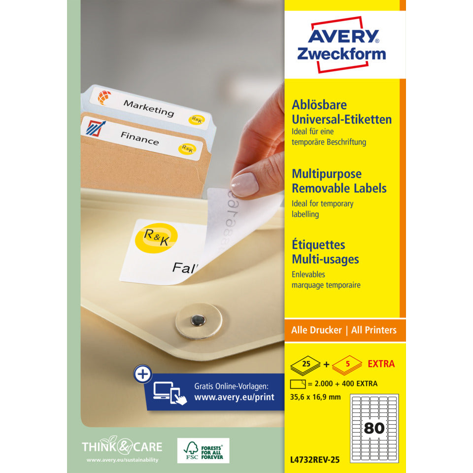 Universaletiketten ablösbar, 35,6x16,9mm, 2400 Stück, weiß AVERY ZWECKFORM L4732REV-25 ZWECKFORM L4732REV-25 weiß