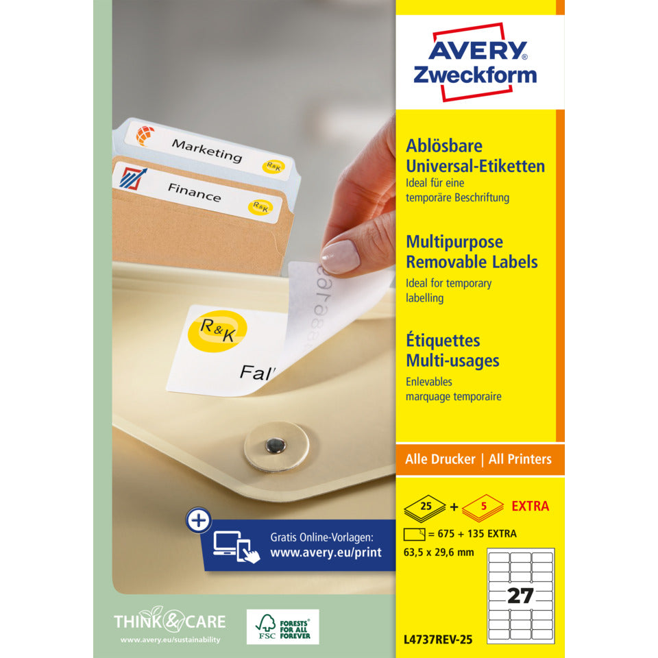 Universaletiketten ablösbar, 63,5x29,6mm, 810 Stück, weiß AVERY ZWECKFORM L4737REV-25 ZWECKFORM L4737REV-25 weiß
