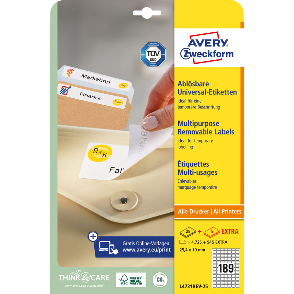 Universaletiketten ablösbar, 25,4x10mm, 5670 Stück, weiß AVERY ZWECKFORM L4731REV-25 ZWECKFORM L4731REV-25 weiß