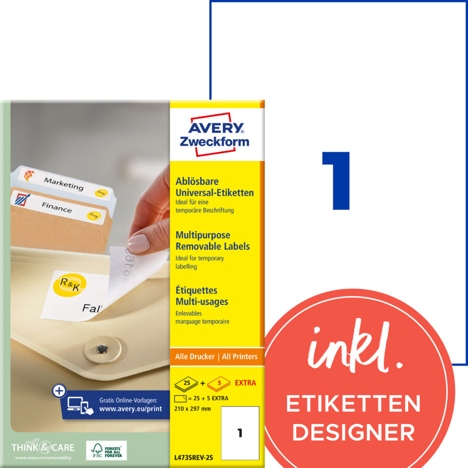 Universaletiketten ablösbar, 210x297mm, 30 Stück, weiß AVERY ZWECKFORM L4735REV-25 ZWECKFORM L4735REV-25 weiß