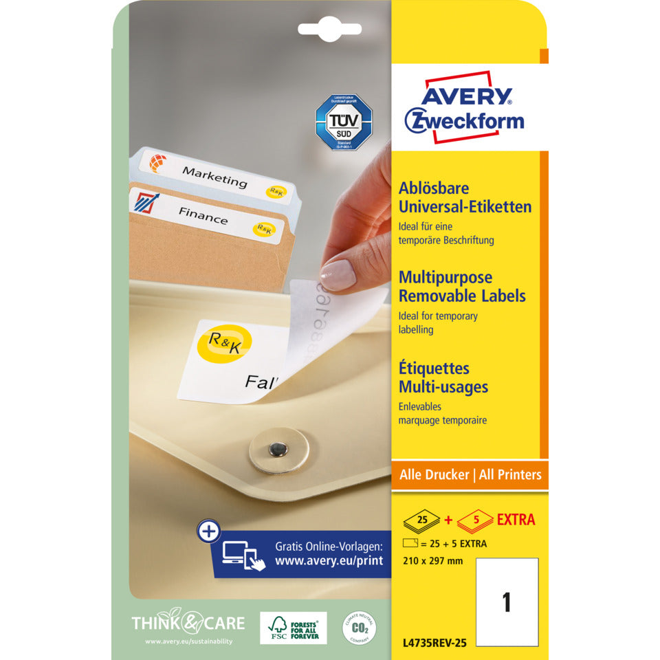 Universaletiketten ablösbar, 210x297mm, 30 Stück, weiß AVERY ZWECKFORM L4735REV-25 ZWECKFORM L4735REV-25 weiß