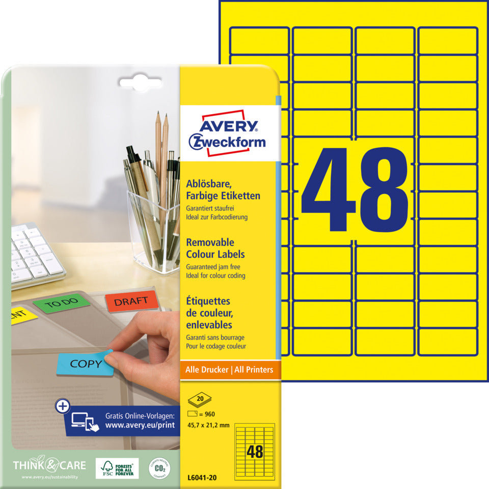 Farbige Etiketten ablösbar, 45,7x21,2mm, 960 Stück, gelb AVERY ZWECKFORM L6041-20