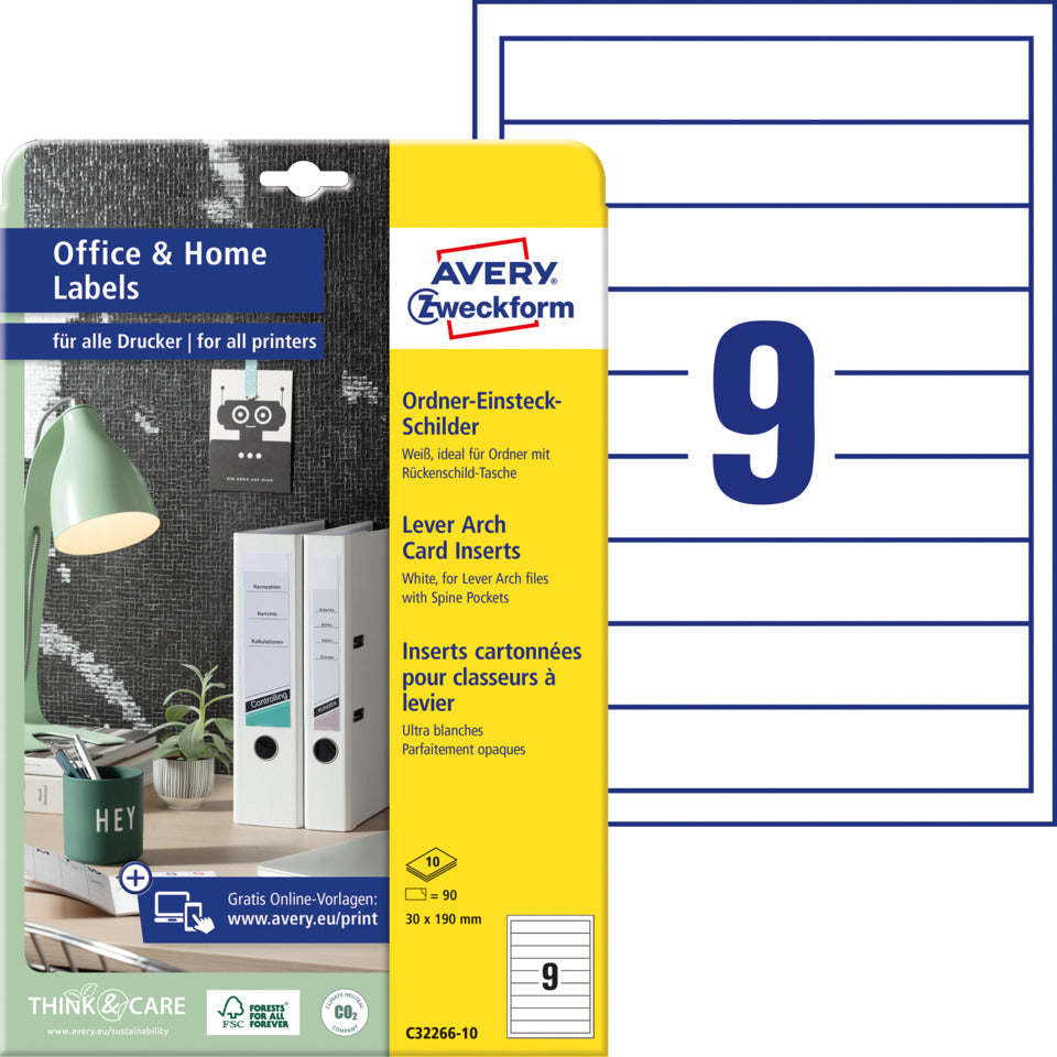 Ordnerrücken-Einsteckschild, 30 x 190 mm, schmal/kurz, 90 Stück, weiß AVERY ZWECKFORM C32266-10 AVERY ZWECKFORM C32266-10 10Blatt