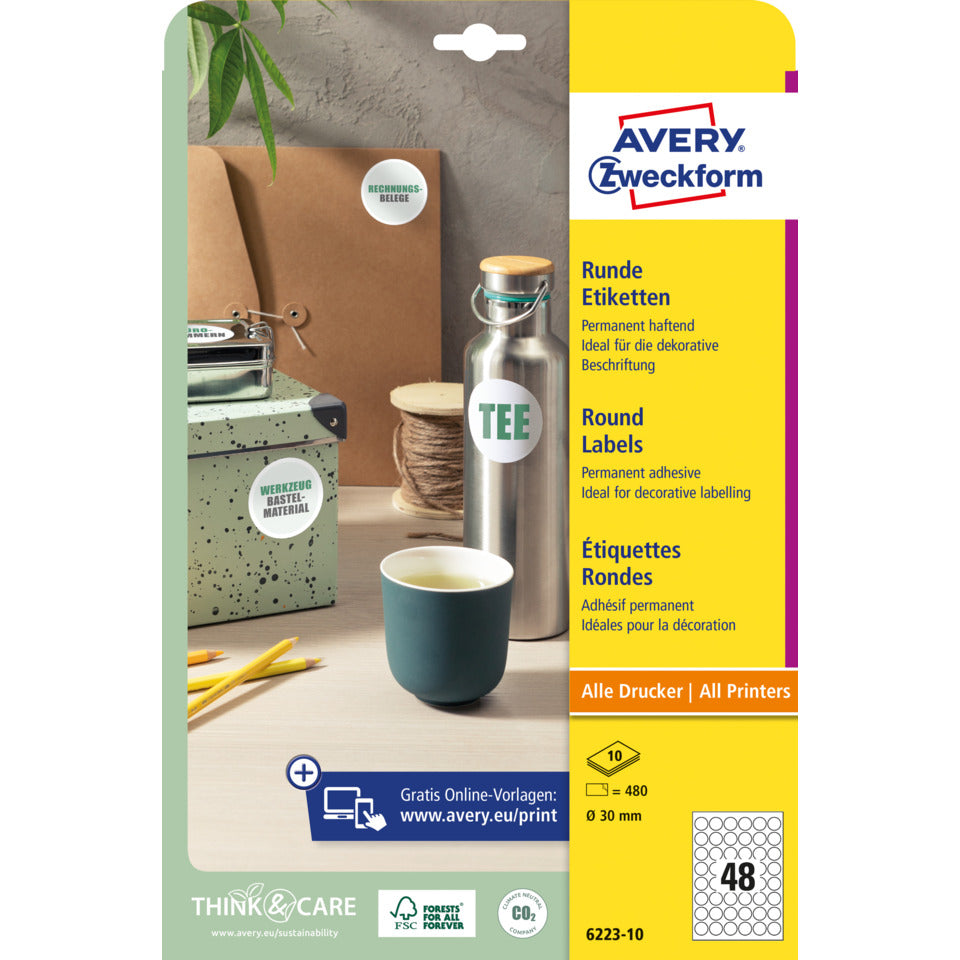 Universaletiketten, rund, ø 30 mm, A4, 480 Etiketten / 10 Bögen, weiß AVERY ZWECKFORM 6223-10 AVERY ZWECKFORM 6223-10 permanent