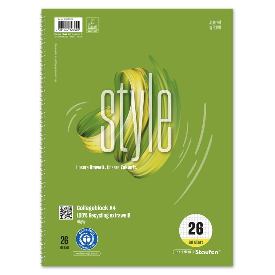 Collegeblock, A4, 70g/m², 80 Blatt, Lin.26, kariert STAUFEN STYLE 608575026