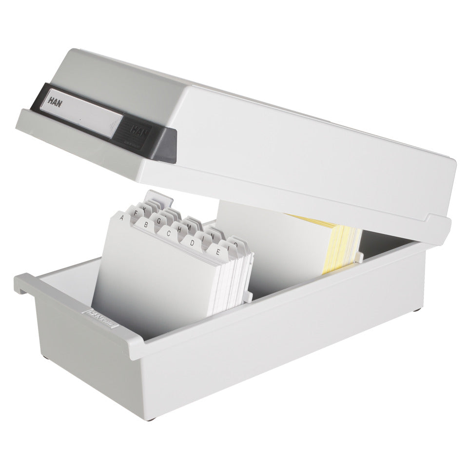 Karteikasten A6 quer, für 1300 Karten, 2 Stützplatten m. Sichtreitern, lichtgrau HAN 956-11D HAN 95611  1300Kt