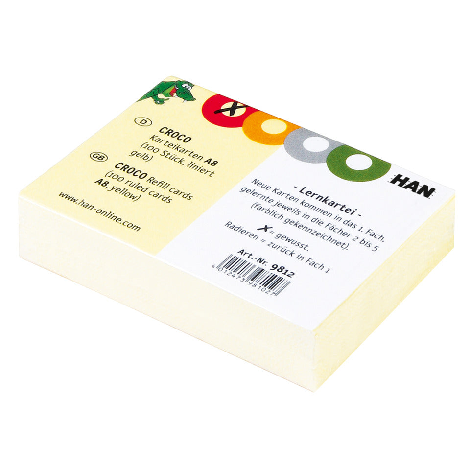 Karteikarten für CROCO DIN A8 quer, stabiler Karteikarton, liniert, 100 Stück, gelb HAN 9812D HAN 9812 Pg100St