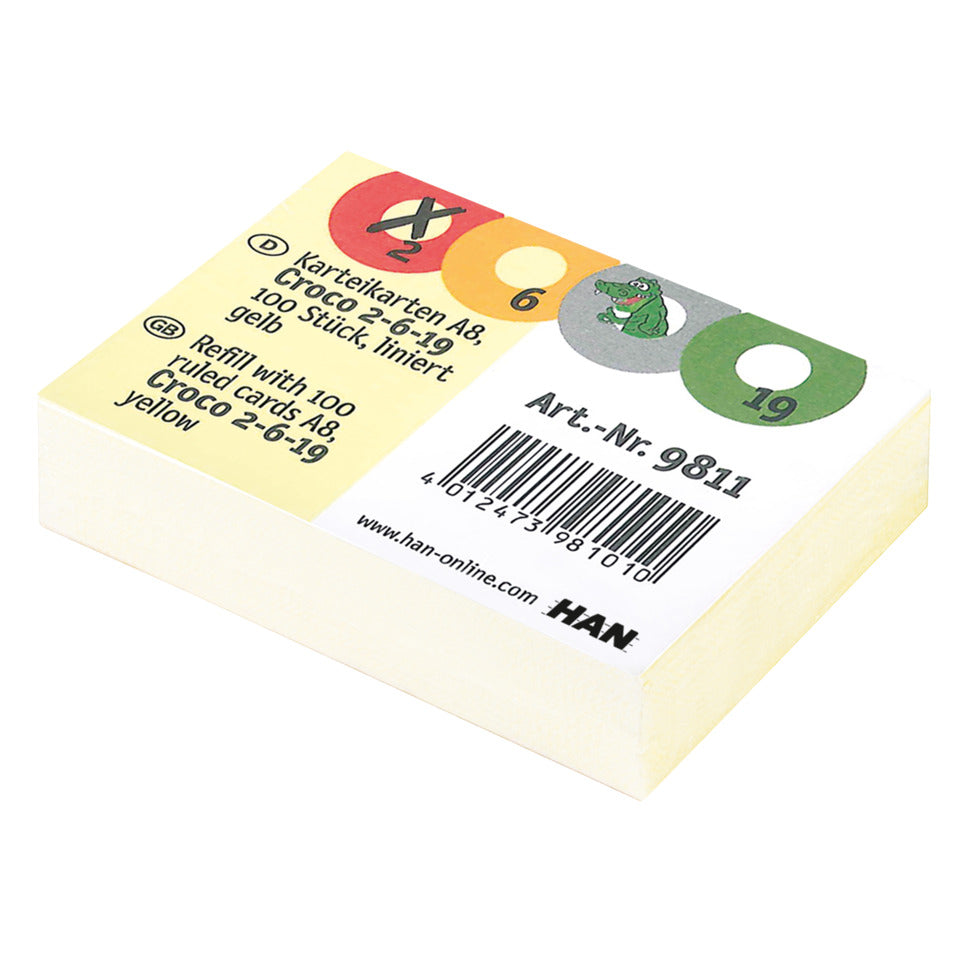 Karteikarten für CROCO 2-6-19, DIN A8 quer, Karteikarton 190 g/m², liniert, 100 Stück, gelb HAN 9811D HAN 9811 Pg100St