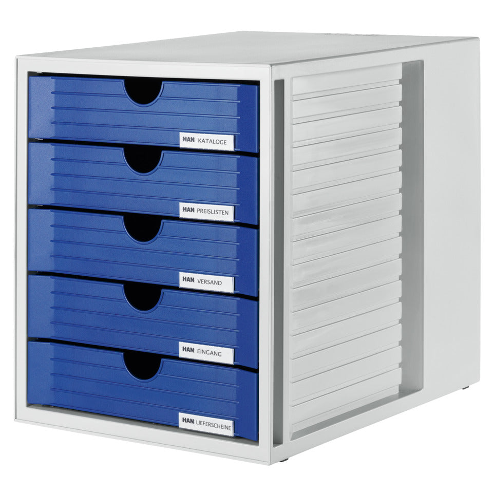 Schubladenbox SYSTEMBOX, A4 und größer, 5 geschl. Schubladen, lichtgrau-blau HAN 1450-14D HAN 1450-14 5 geschlossene Schuebe