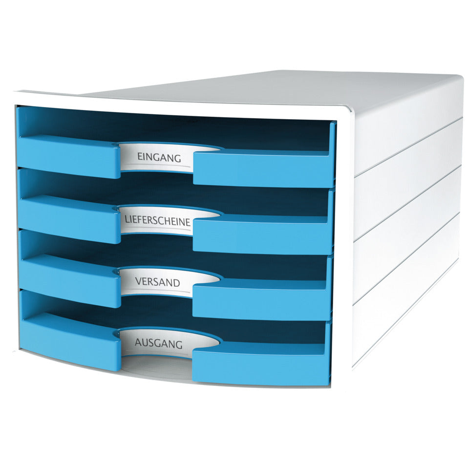 Schubladenbox IMPULS, DIN A4/C4, 4 offene Schubladen, weiß/Trend Colour hellblau HAN 1013-54D HAN 1013-54 offen
