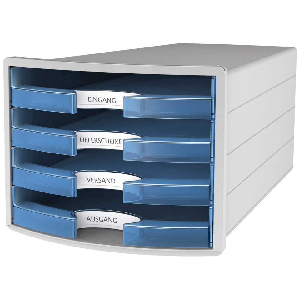 Schubladenbox IMPULS, DIN A4/C4, 4 offene Schubladen, lichtgrau/transluzent-blau HAN 1013-64D HAN 1013-64 offen