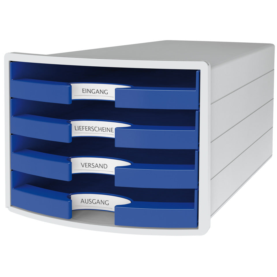 Schubladenbox IMPULS, DIN A4/C4, 4 offene Schubladen, lichtgrau/blau HAN 1013-14D HAN 1013-14 offen