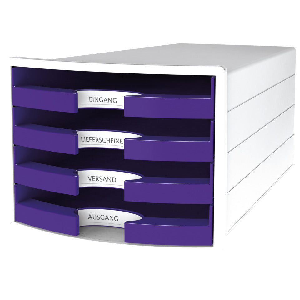 Schubladenbox IMPULS, DIN A4/C4, 4 offene Schubladen, weiß/Trend Colour lila HAN 1013-57D HAN 1013-57 offen