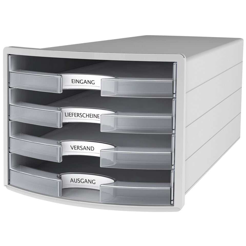 Schubladenbox IMPULS, DIN A4/C4, 4 offene Schubladen, lichtgrau/transluzent-klar HAN 1013-63D HAN 1013-63 offen