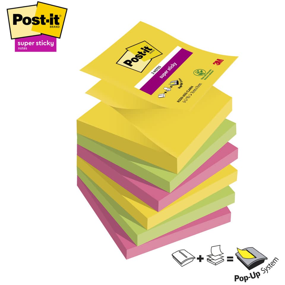 Haftnotizblock Super Sticky Z-Notes Carnival Collection, 76x76mm, 5x90 Blatt, sortiert POST-IT R330-6SS-CARN POST-IT R330-6SS-CARN 76x76 mm