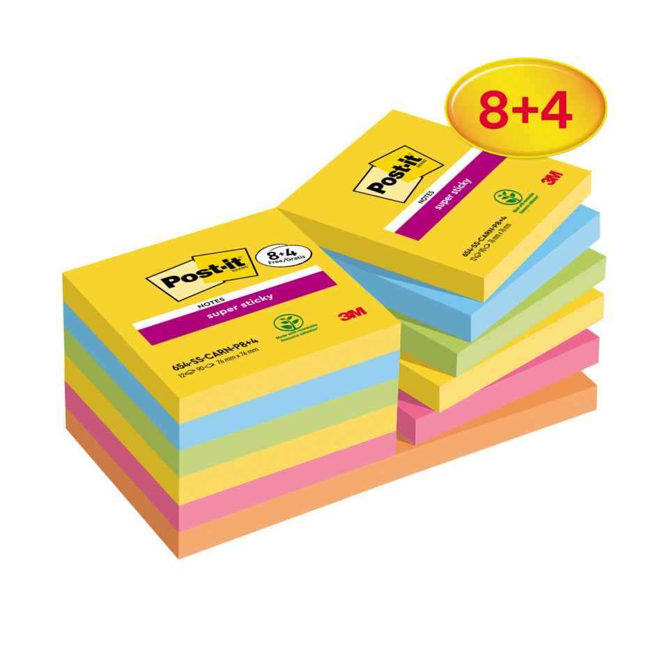 Haftnotizblock Super Sticky Notes Promotion Carnival Collection, 76x76mm, 12x90 Blatt, sortiert POST-IT 654-SSCARN-P8+4 POST-IT 654-SSCARN-P8+4 76x76mm