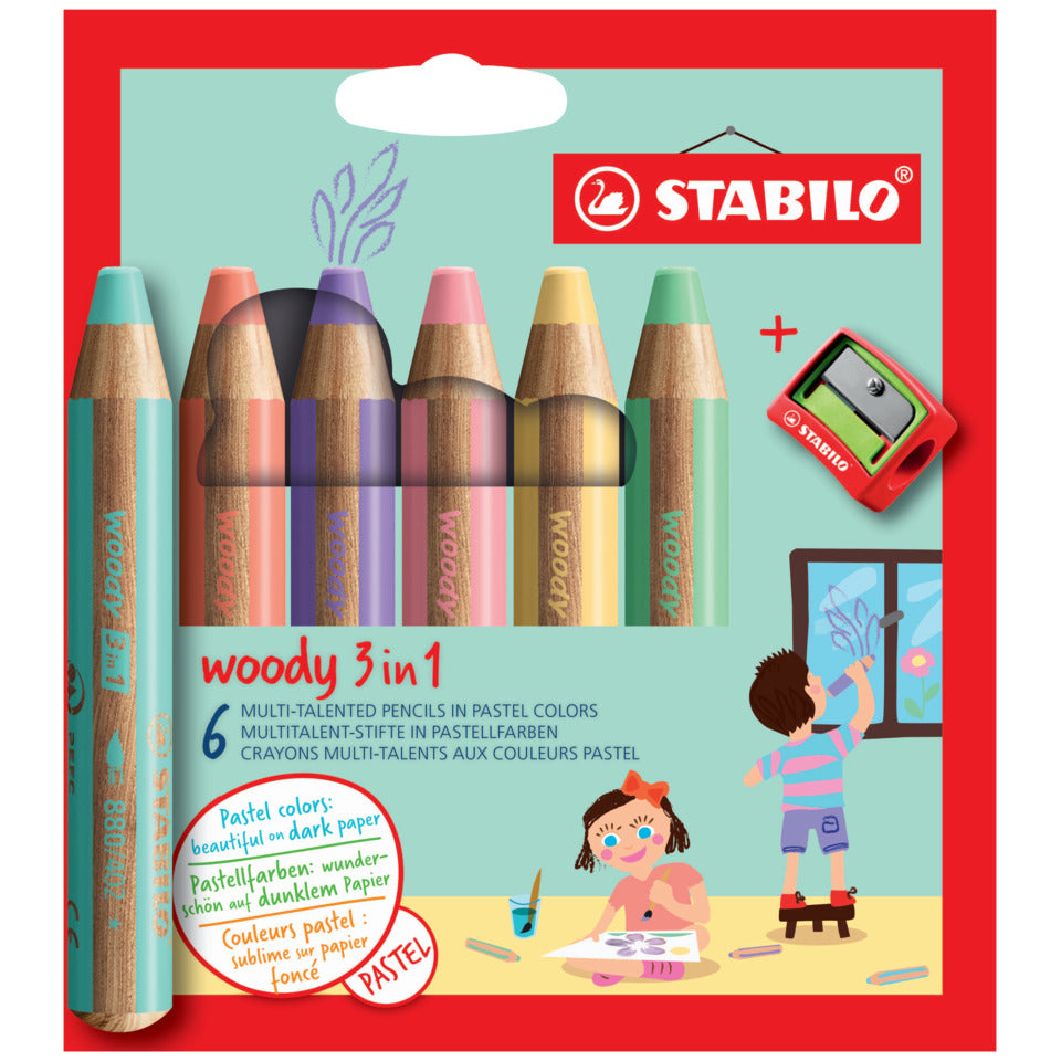 Multitalent-Stift woody 3 in 1 Etui, 10 mm, sortiert, Kartonetui mit 6 Stiften und 1 kindersicheren Spitzer STABILO 8806-3 STABILO 8806-3 + Spitzer