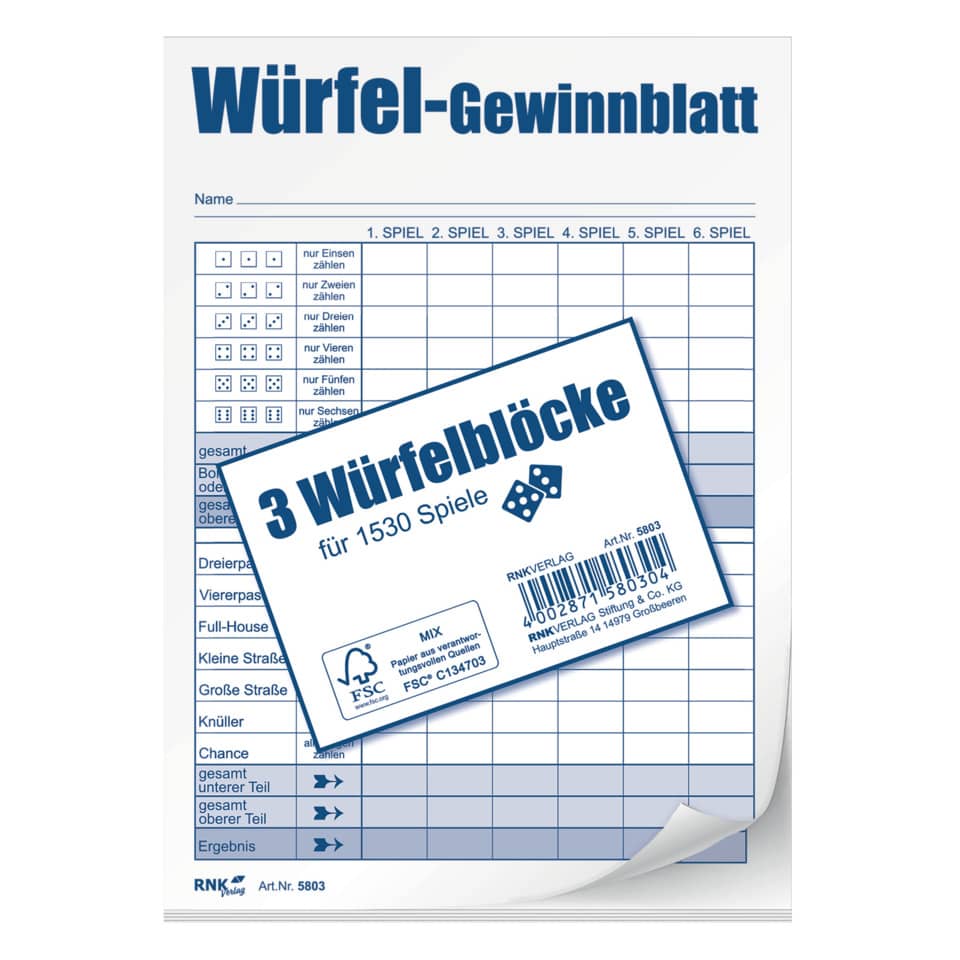 Würfelspiel-Gewinnblatt - Block DIN A6, 3 x 85 Blatt RNK 5803 RNK 5803 für 1530 Spiele PG 3ST