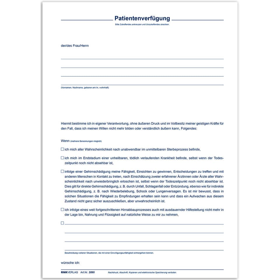 Patientenverfügung mit Betreuungsverfügung und Vorsorgevollmacht - 220 x 162 mm RNK 2895