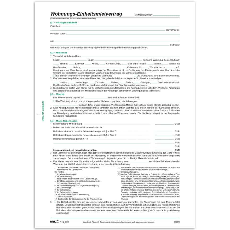 Wohnungs-Einheitsmietvertrag 4 Seiten, gefalzt auf DIN A4 + Wohnungsgeberbesch. RNK 599 RNK 599 Einheitsmietvertrag