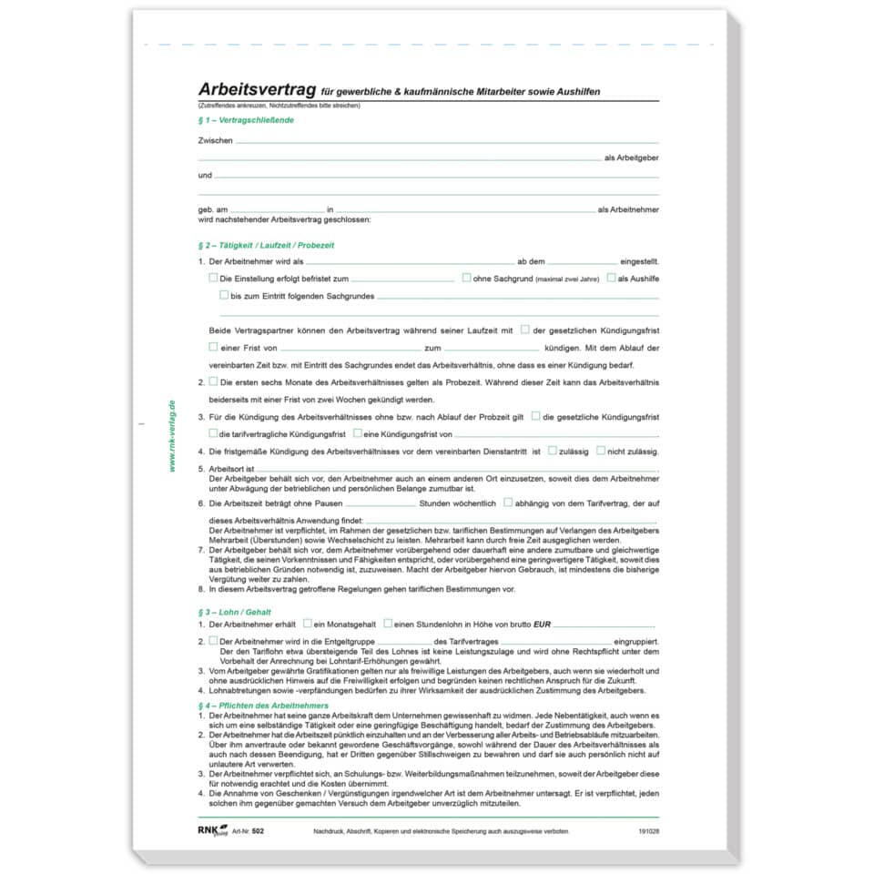 Arbeitsvertrag für gewerbl. & kaufm. Mitarbeiter sowie Aushilfen, A4, 10 Stück RNK 502/10 RNK 502/10 gewerb. + kaufm. Arbeitnehmer