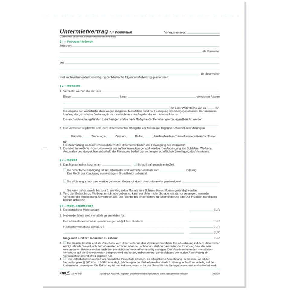 Untermietvertrag für Wohnräume - SD, 2 x 2 Blatt, DIN A4 RNK 521 RNK 521 A4 2x2Seiten