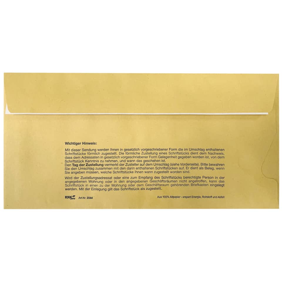 Umschlag für Zustellungsauftrag für förmliche Zustellung, mF, DIN lang, 500 Stück RNK 2044 RNK 2044 500ST innen m.Fester