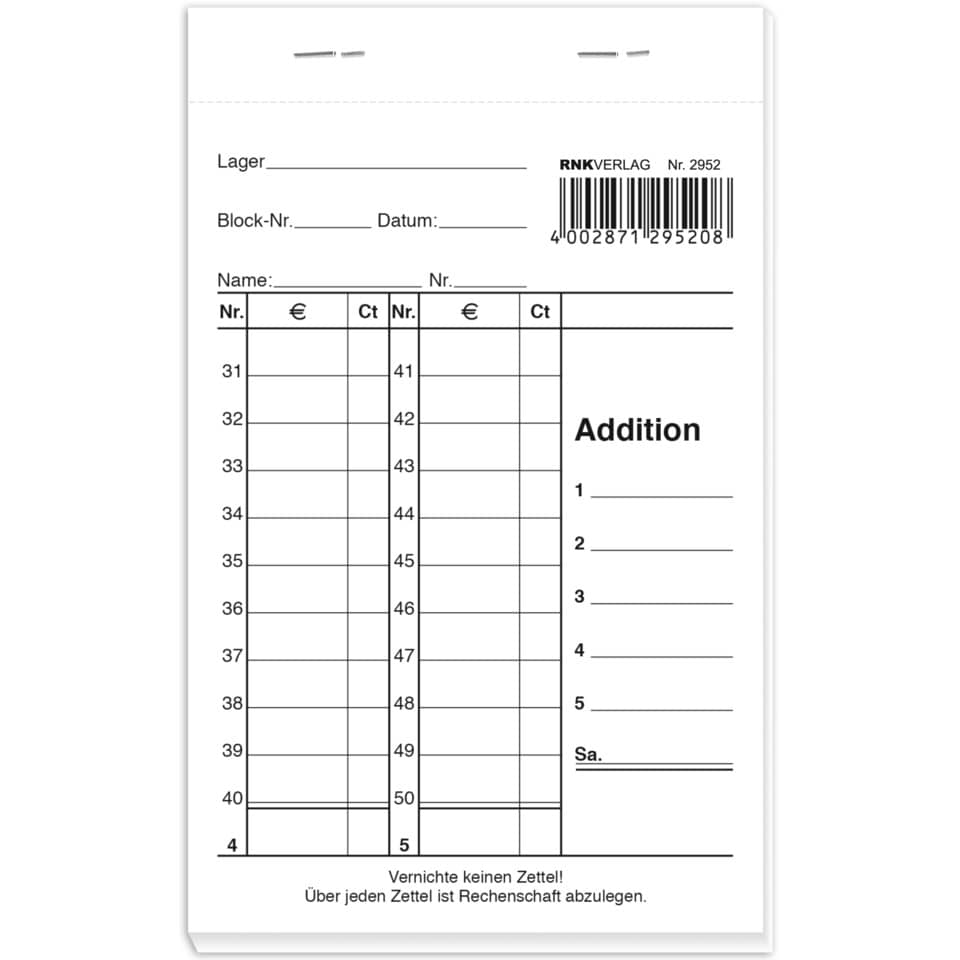 Kassenblock mit Nummerierung, 96 x 167mm, 2 x 50 Blatt RNK 2952 RNK 2952 oben geheftet