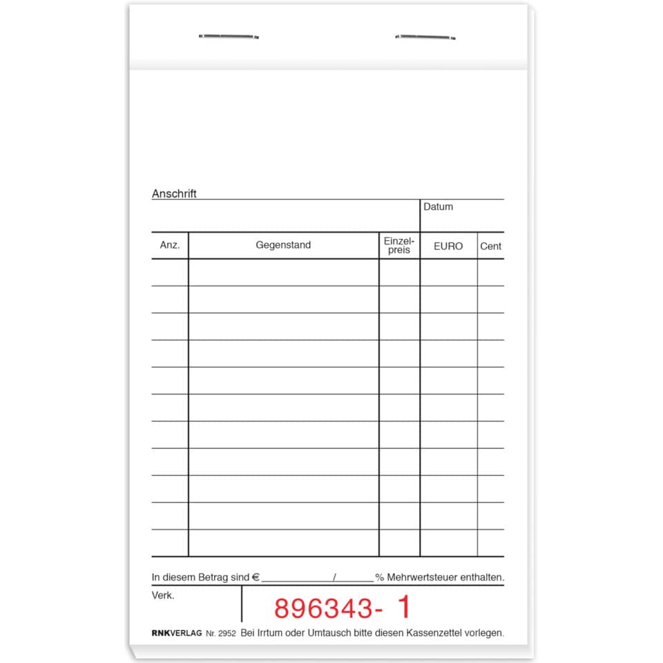 Kassenblock mit Nummerierung, 96 x 167mm, 2 x 50 Blatt RNK 2952 RNK 2952 oben geheftet