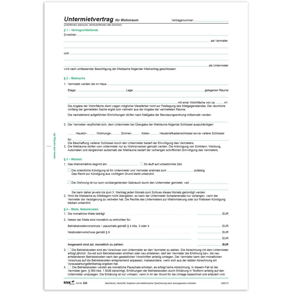 Untermietvertrag für Wohnräume, 4 Seiten, DIN A4 + Wohnungsgeberbescheinigung RNK 520 RNK 520 A4 4Seiten