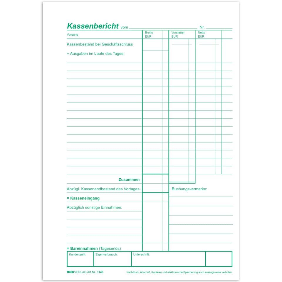 Kassenberichtsblock - mit gesondertem Mehrwertsteuerausweis, A5, 50 Blatt RNK 3146 RNK 3146 50BL