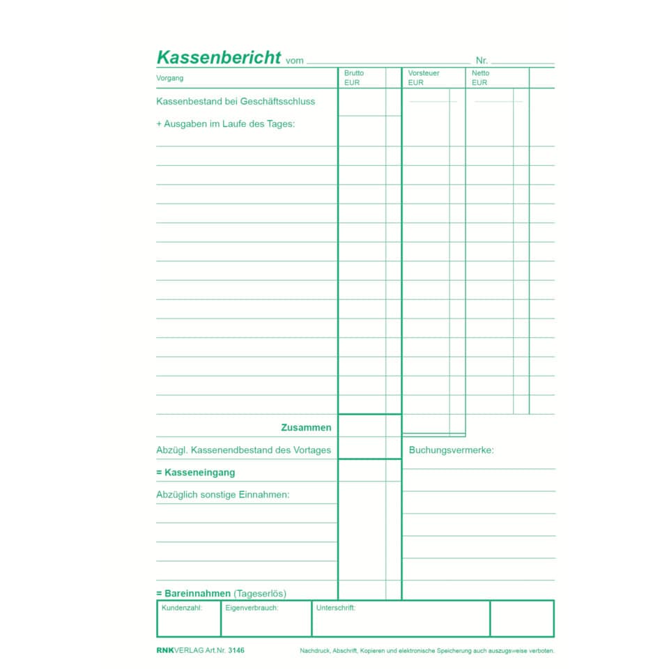 Kassenberichtsblock - mit gesondertem Mehrwertsteuerausweis, A5, 50 Blatt RNK 3146 RNK 3146 50BL