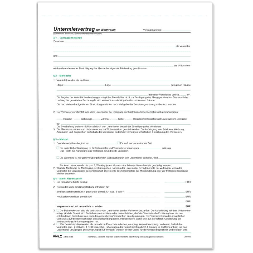 Untermietvertrag für Wohnräume - SD, 2 x 2 Blatt, DIN A4 RNK 521 RNK 521 A4 2x2Seiten