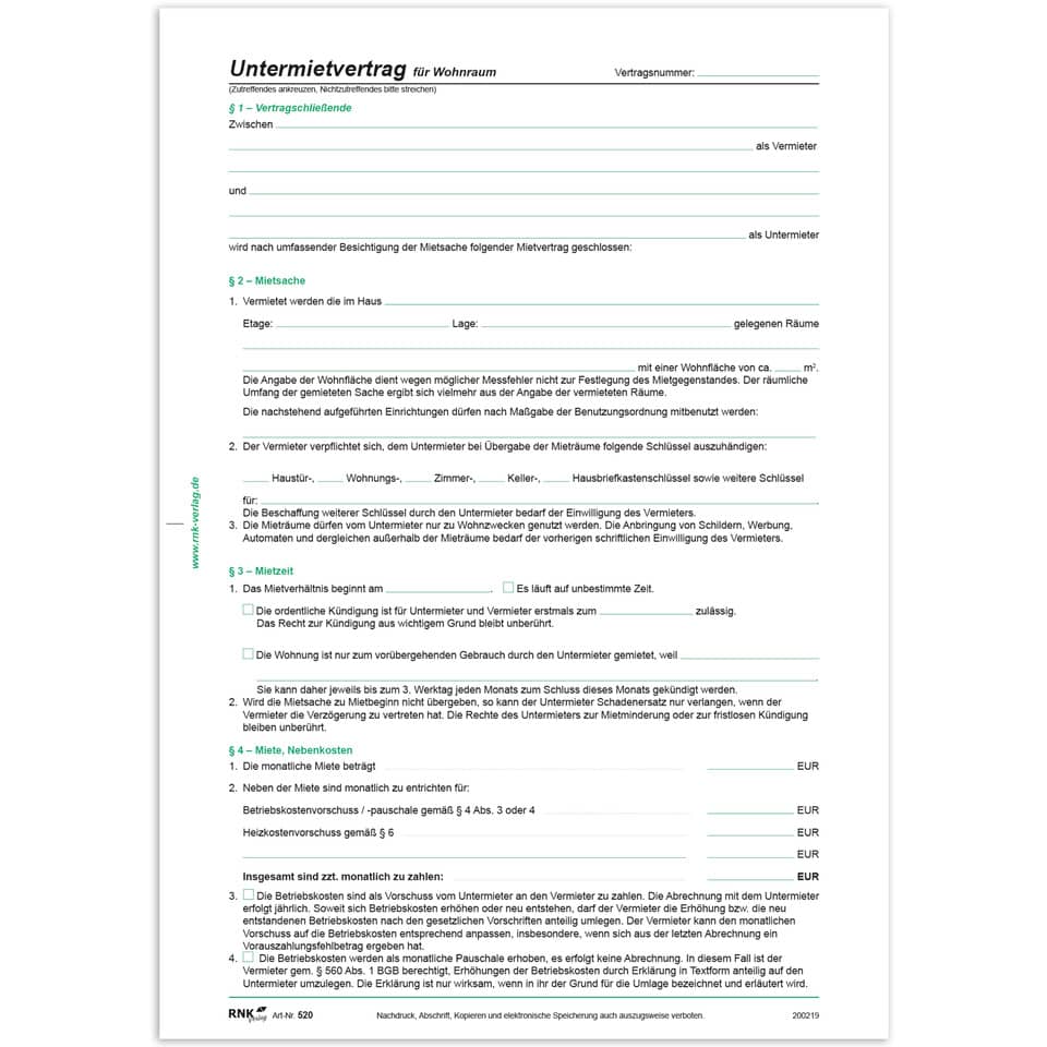 Untermietvertrag für Wohnräume, 4 Seiten, DIN A4 + Wohnungsgeberbescheinigung RNK 520 RNK 520 A4 4Seiten