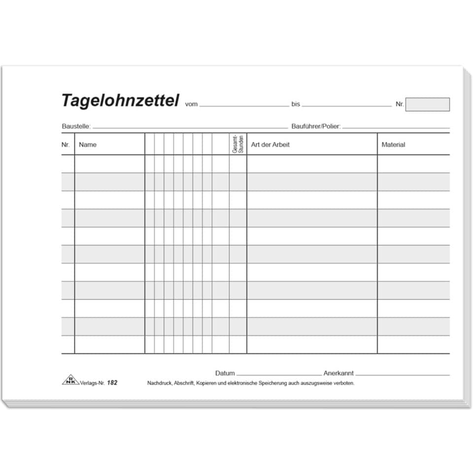 Tagelohnzettel - Block SD, A5 quer, SD, 3 x 40 Blatt, perforiert RNK 182