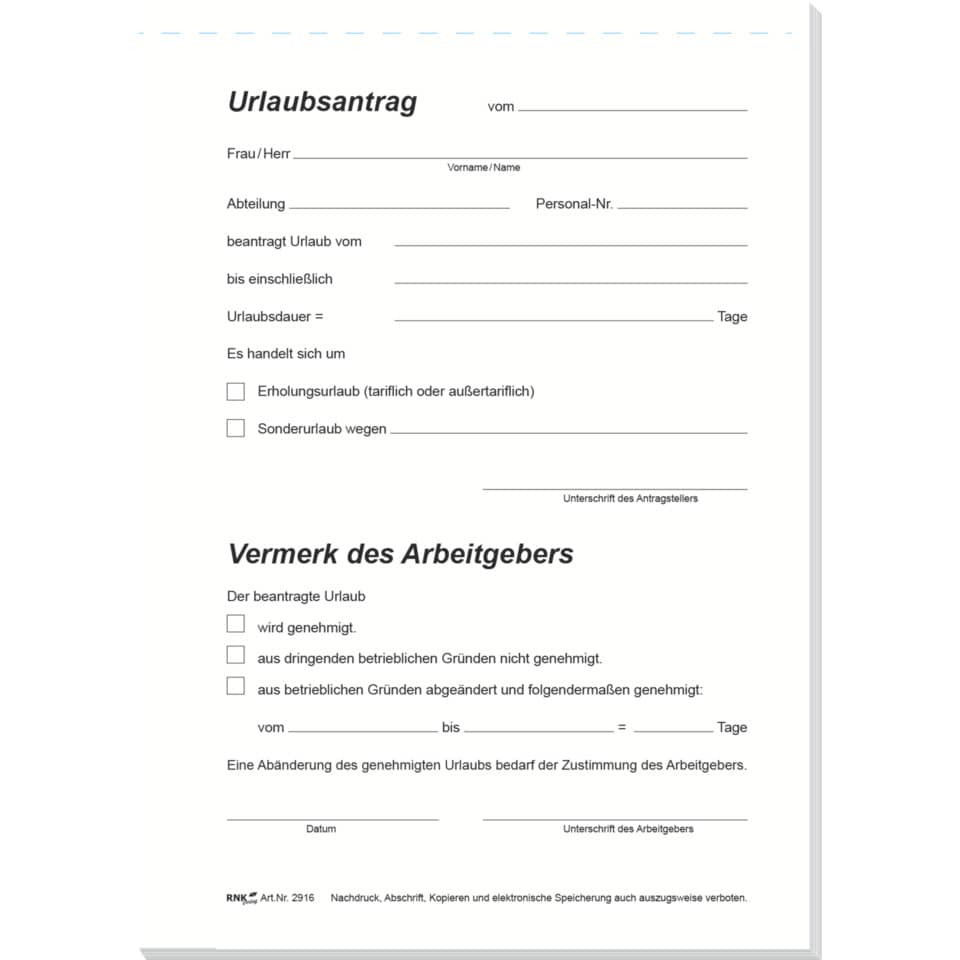 Urlaubsantrag - Block - SD, DIN A5, 2 x 40 Blatt RNK 2916 RNK 2916 A5 2x40BL