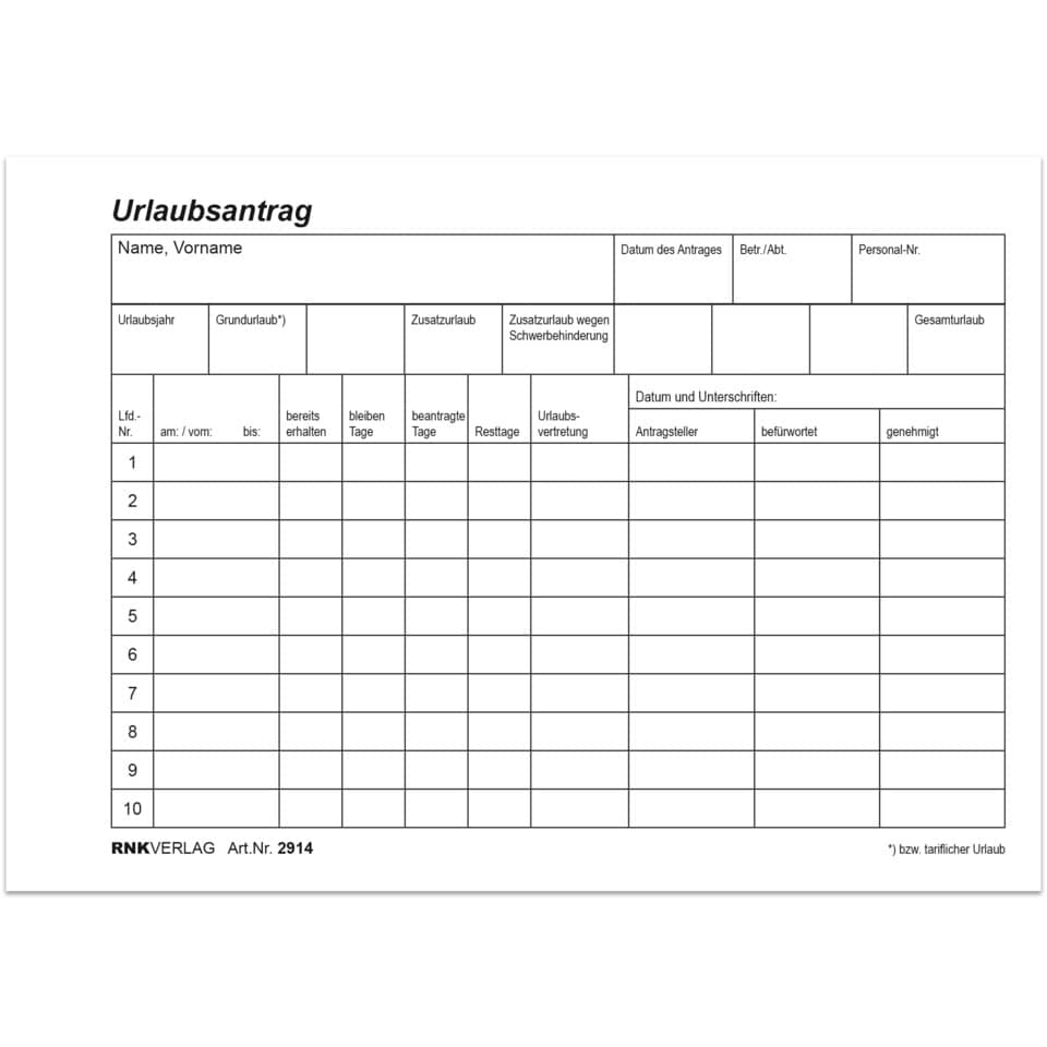 Urlaubs- und Freistellungsantrag, A6 quer, 50 Blatt RNK 2914
