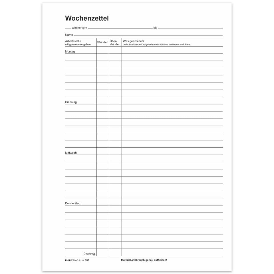 Wochenlohnblock, A4, 100 Blatt RNK 165 A4 100Bl     165