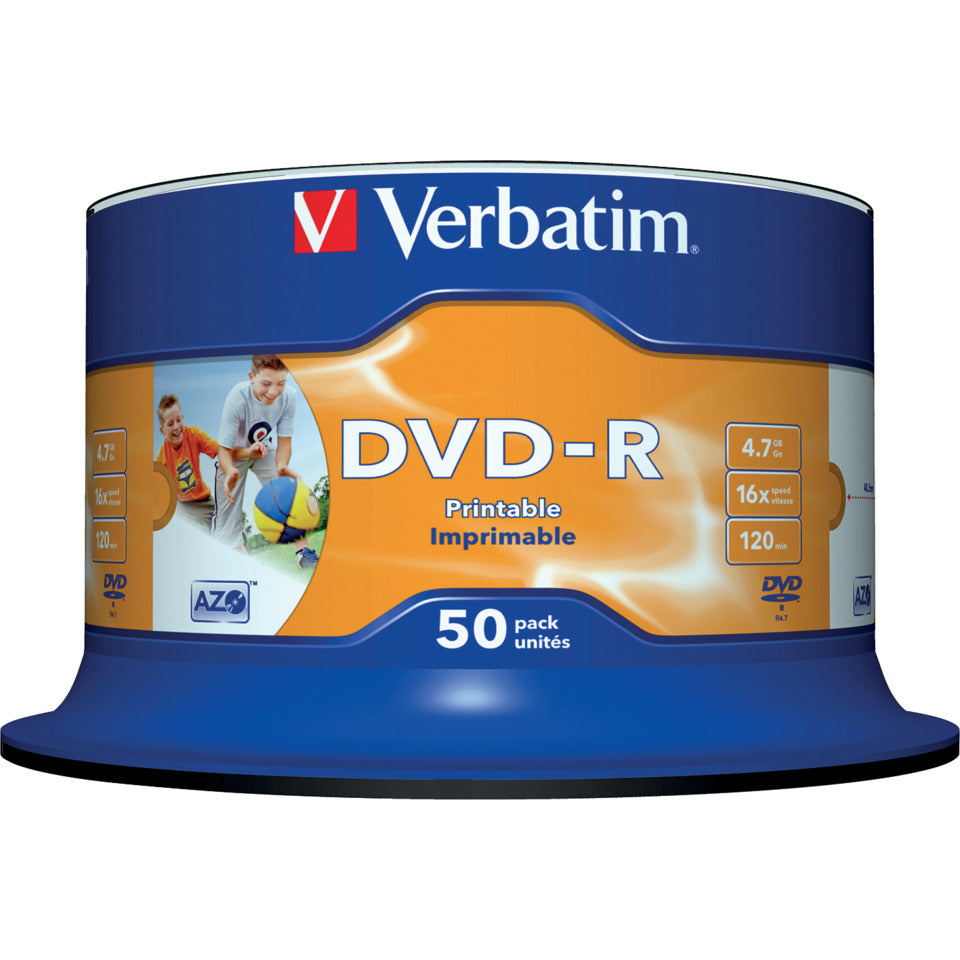 Rohling DVD-R, 4,7 GB/120 Minuten, 16-fach, inkjet bedruckbar, 50er Spindel VERBATIM VER43533 VERBATIM VER43533 Spindel