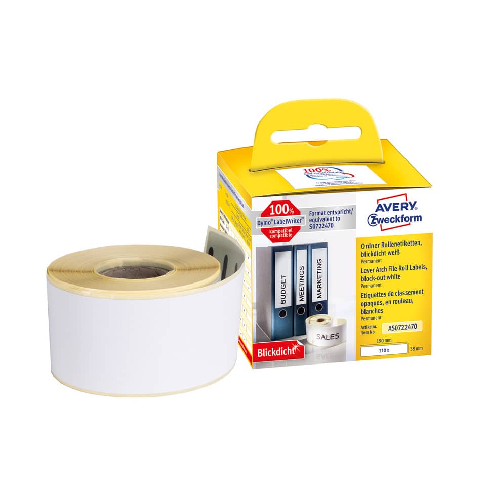Rollen-Etiketten permanent, 38x190mm, 110 Stück, weiß AVERY ZWECKFORM AS0722470 AVERY ZWECKFORM AS0722470 perman.