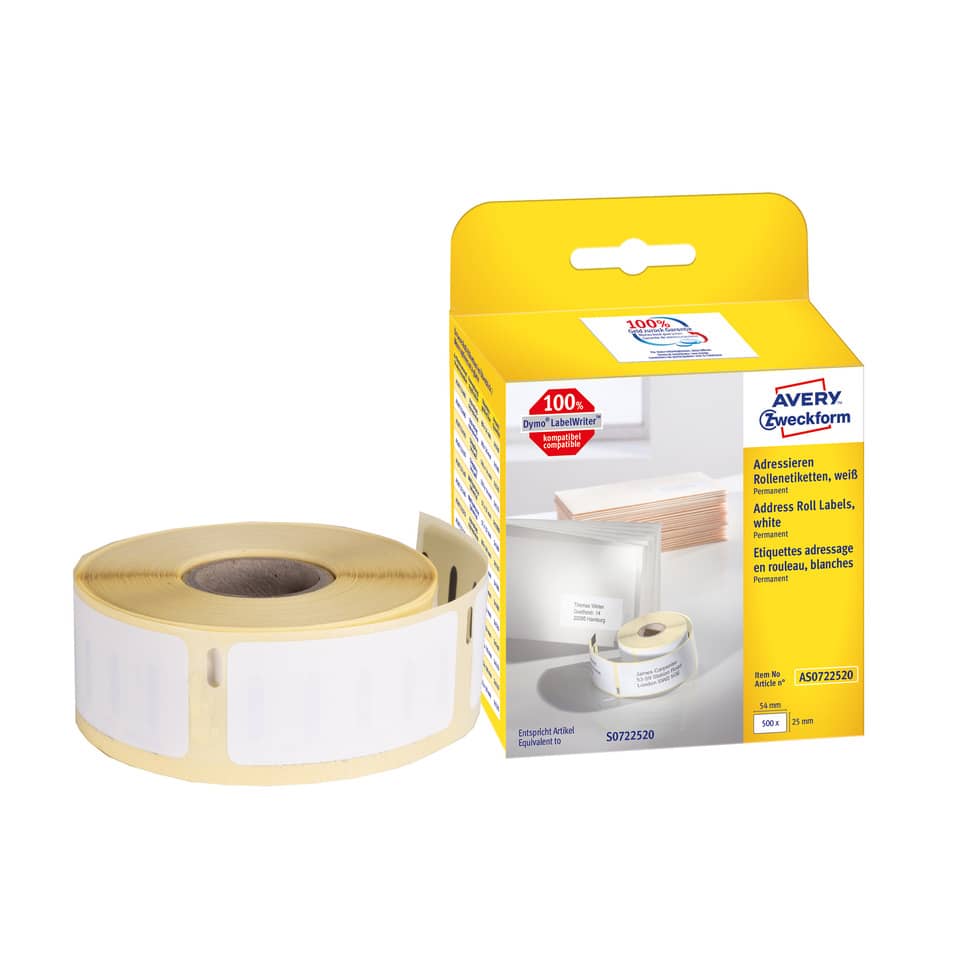 Rollen-Etiketten, 25x54mm, 500 Stück, weiß AVERY ZWECKFORM AS0722520 ZWECKFORM AS0722520 500ST perman.